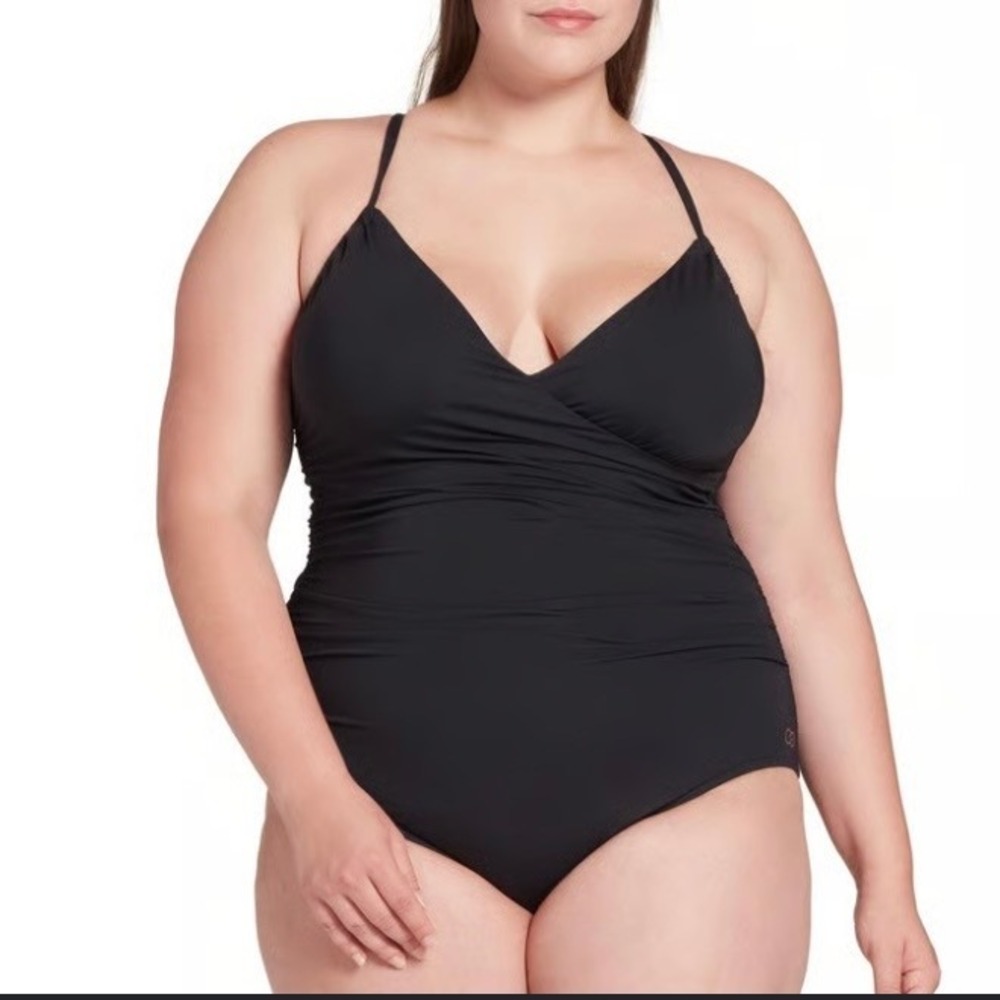 CALIA Carrie Underwood Black Ruched Wrap One Piece Swimsuit 16 MinimalBeach